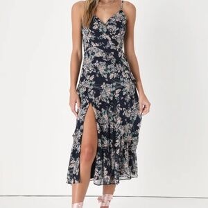 Lulus Navy Blue Floral Ruffled Surplice Midi Dress, Size Medium
